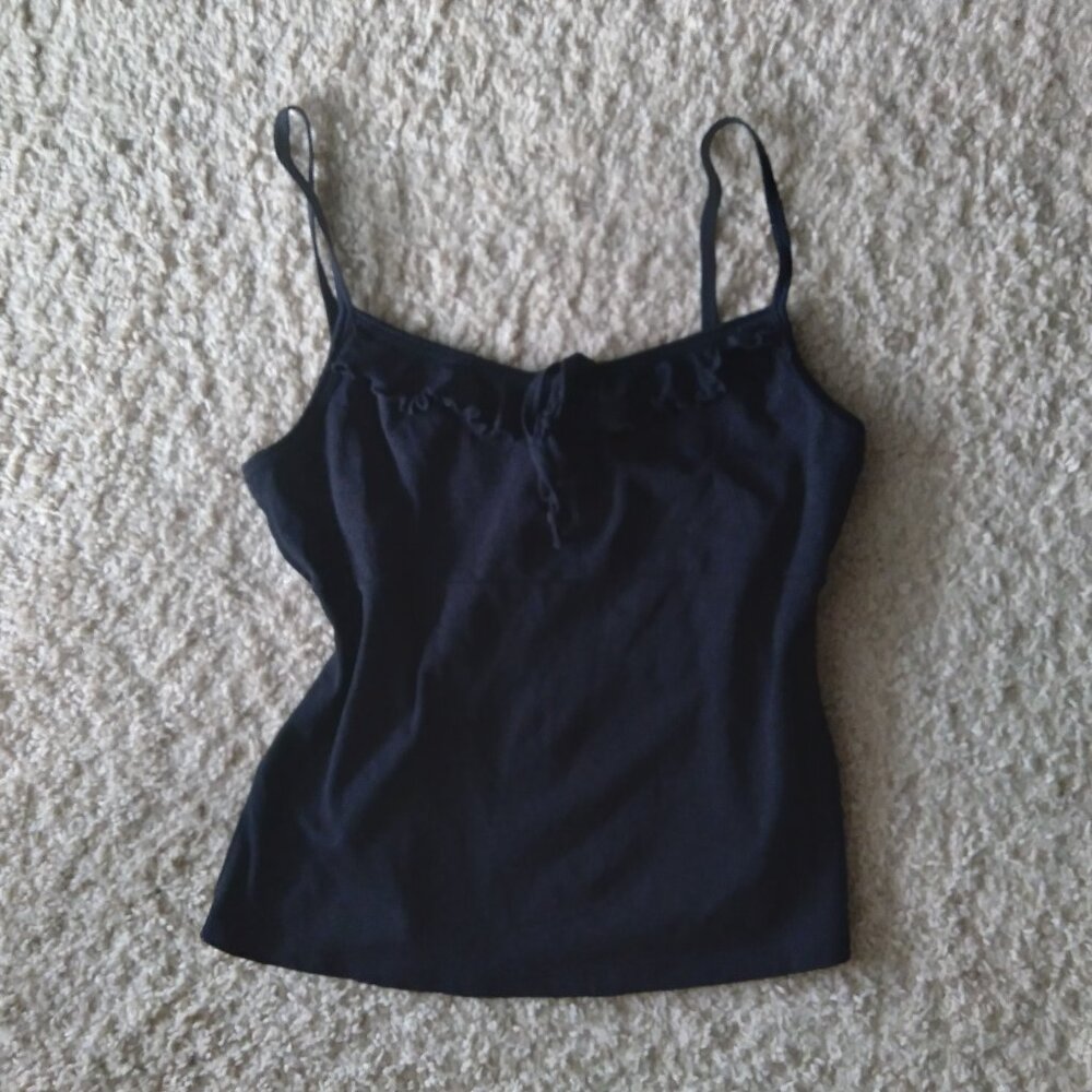Vintage 90s Y2K Paris Blues Black Lettuce Edge Ruffle Tie Front Tank Top